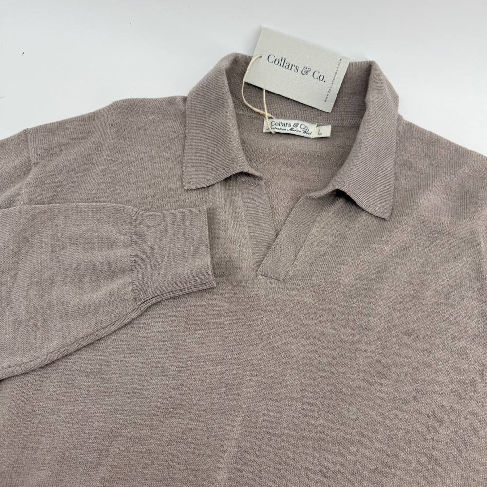 Collars & Co Australian Merino Wool Long Sleeve Polo Sweater Taupe Large